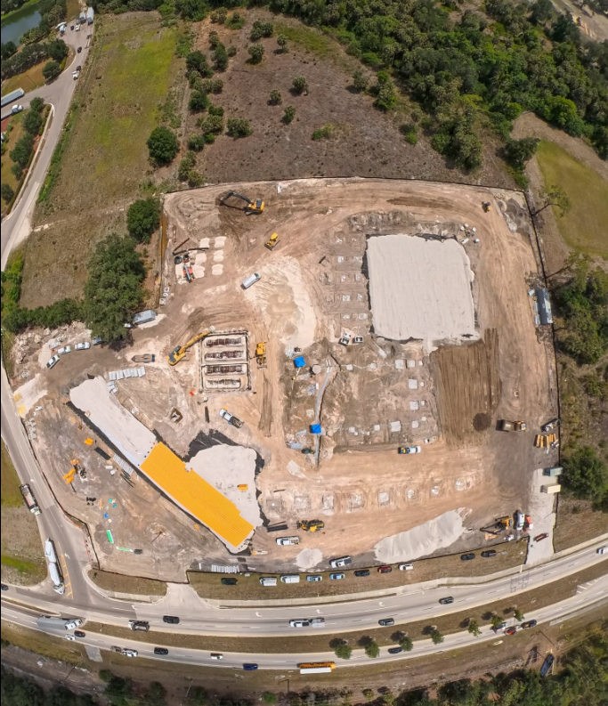 Aerial of the graded RaceTrac pad during foundation work