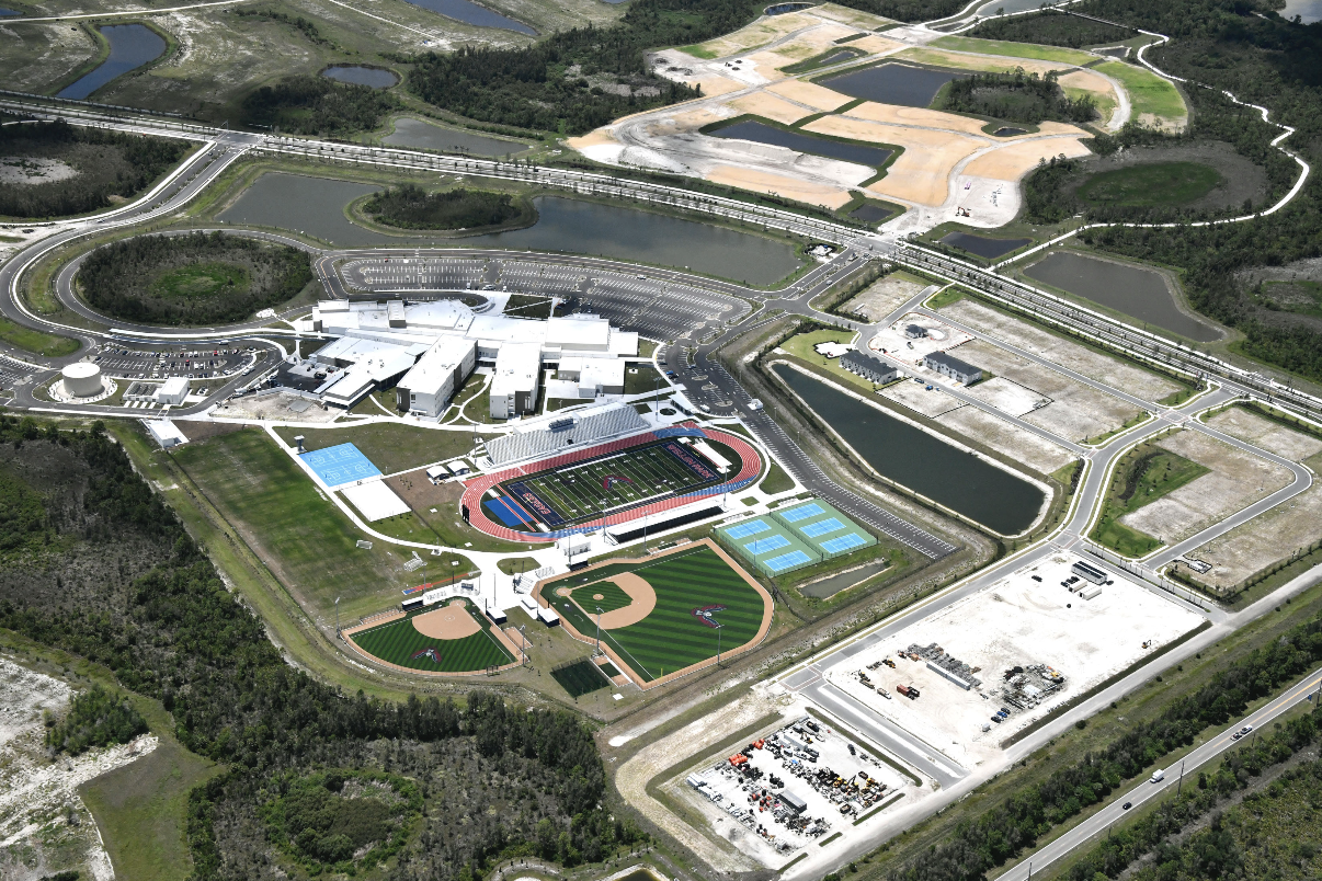 Aerial of the completed Wellen Park High School campus and athletic fields